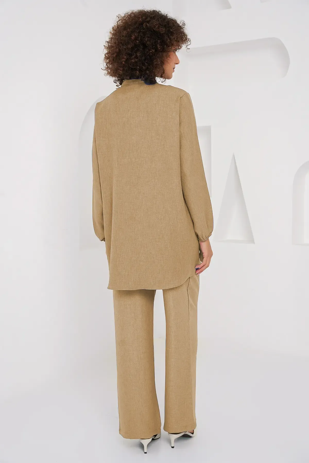 6678 Keten Tunik Pantolon İkili Takım - Bisküvi