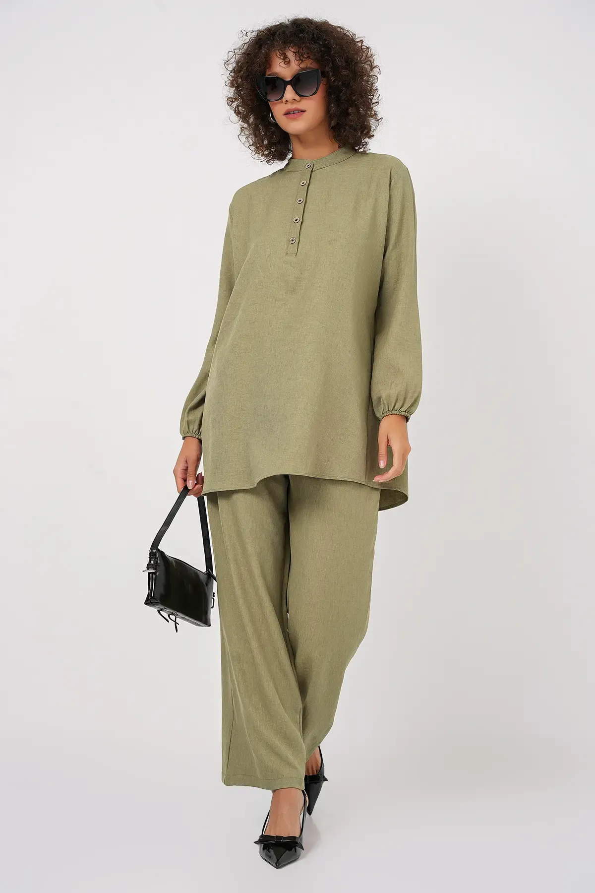 6678 Keten Tunik Pantolon İkili Takım - Çağla