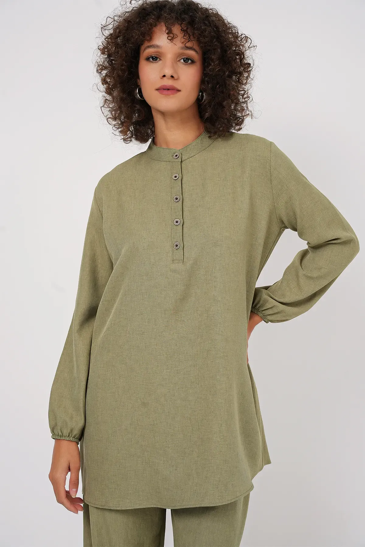 6678 Keten Tunik Pantolon İkili Takım - Çağla