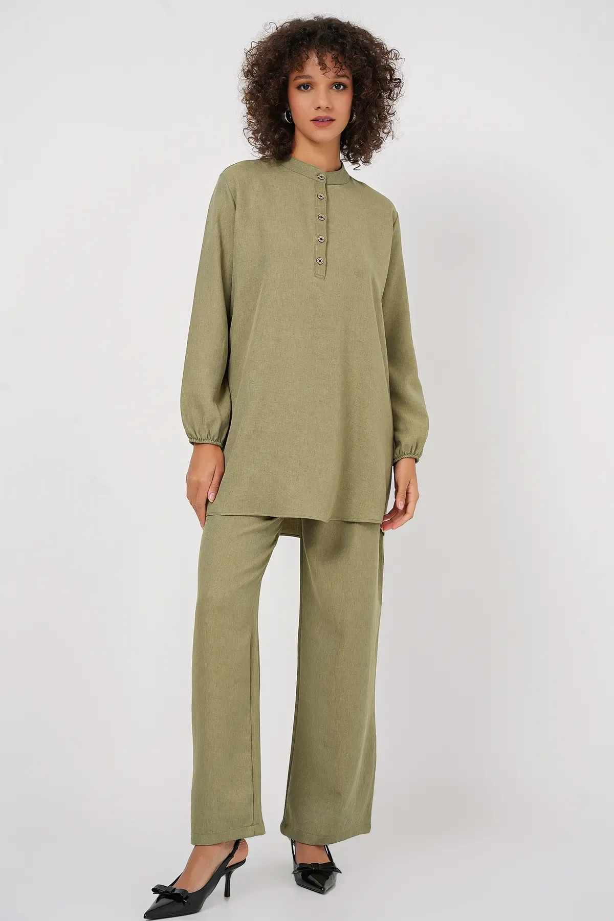 6678 Keten Tunik Pantolon İkili Takım - Çağla
