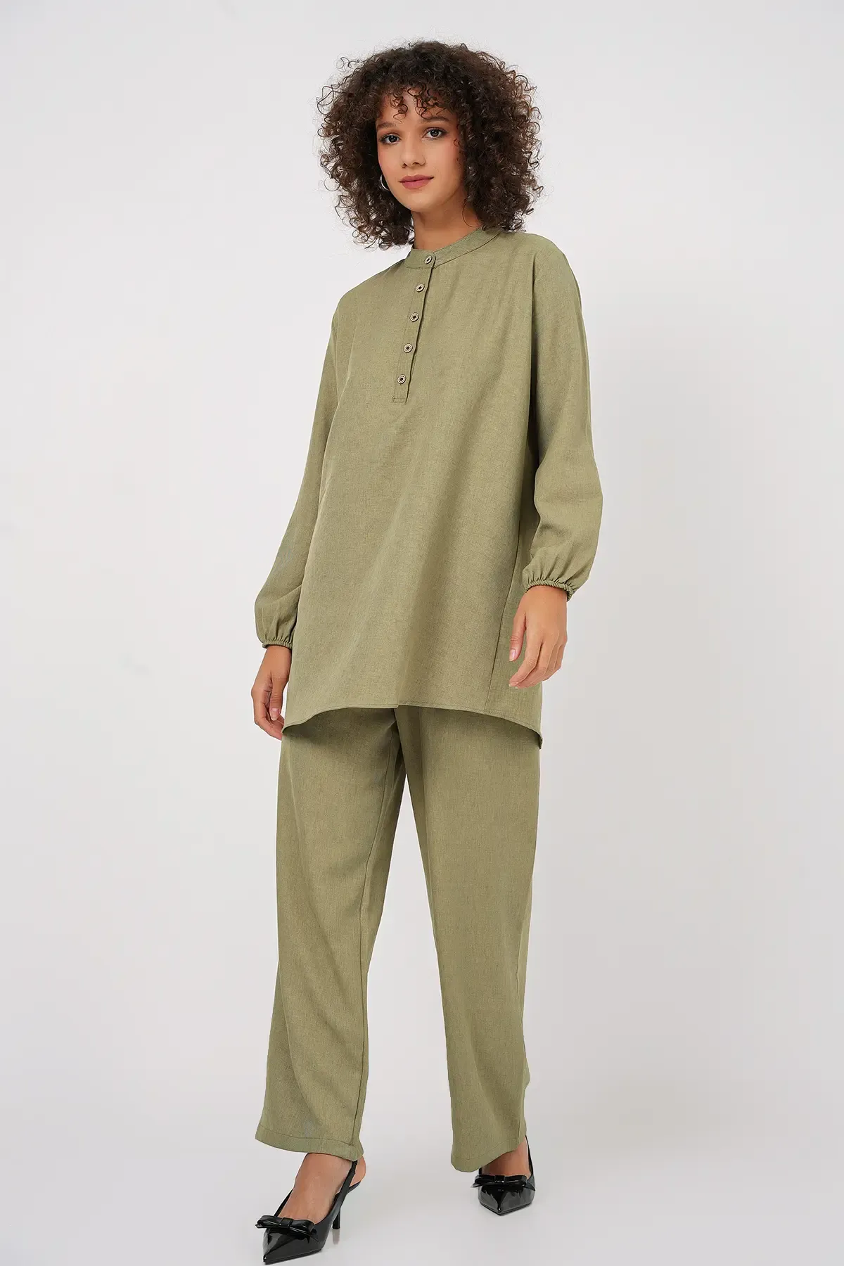6678 Keten Tunik Pantolon İkili Takım - Çağla
