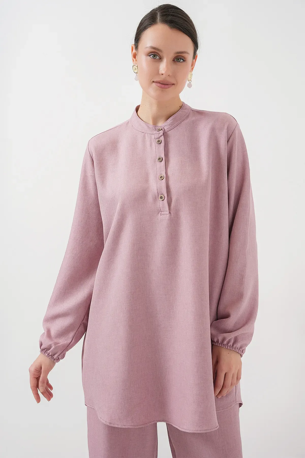 6678 Keten Tunik Pantolon İkili Takım - Gül Kurusu