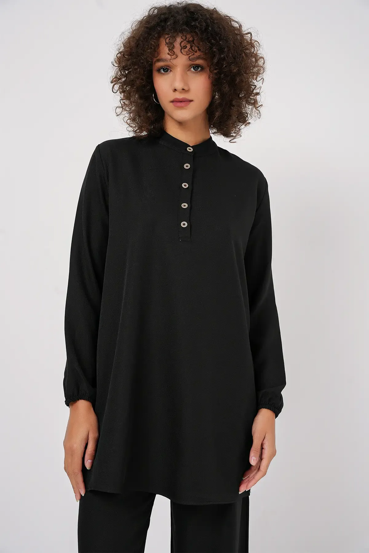 6678 Keten Tunik Pantolon İkili Takım - Siyah