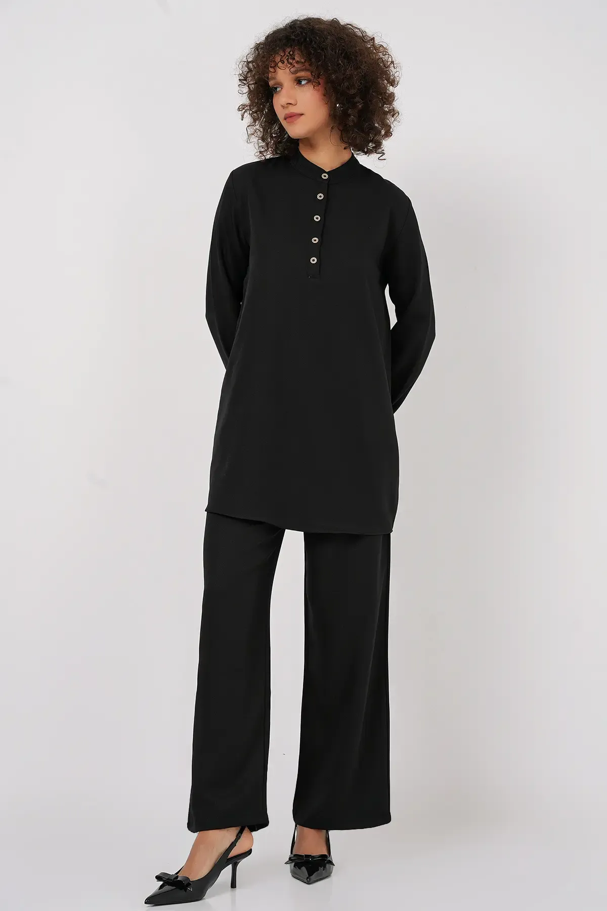6678 Keten Tunik Pantolon İkili Takım - Siyah