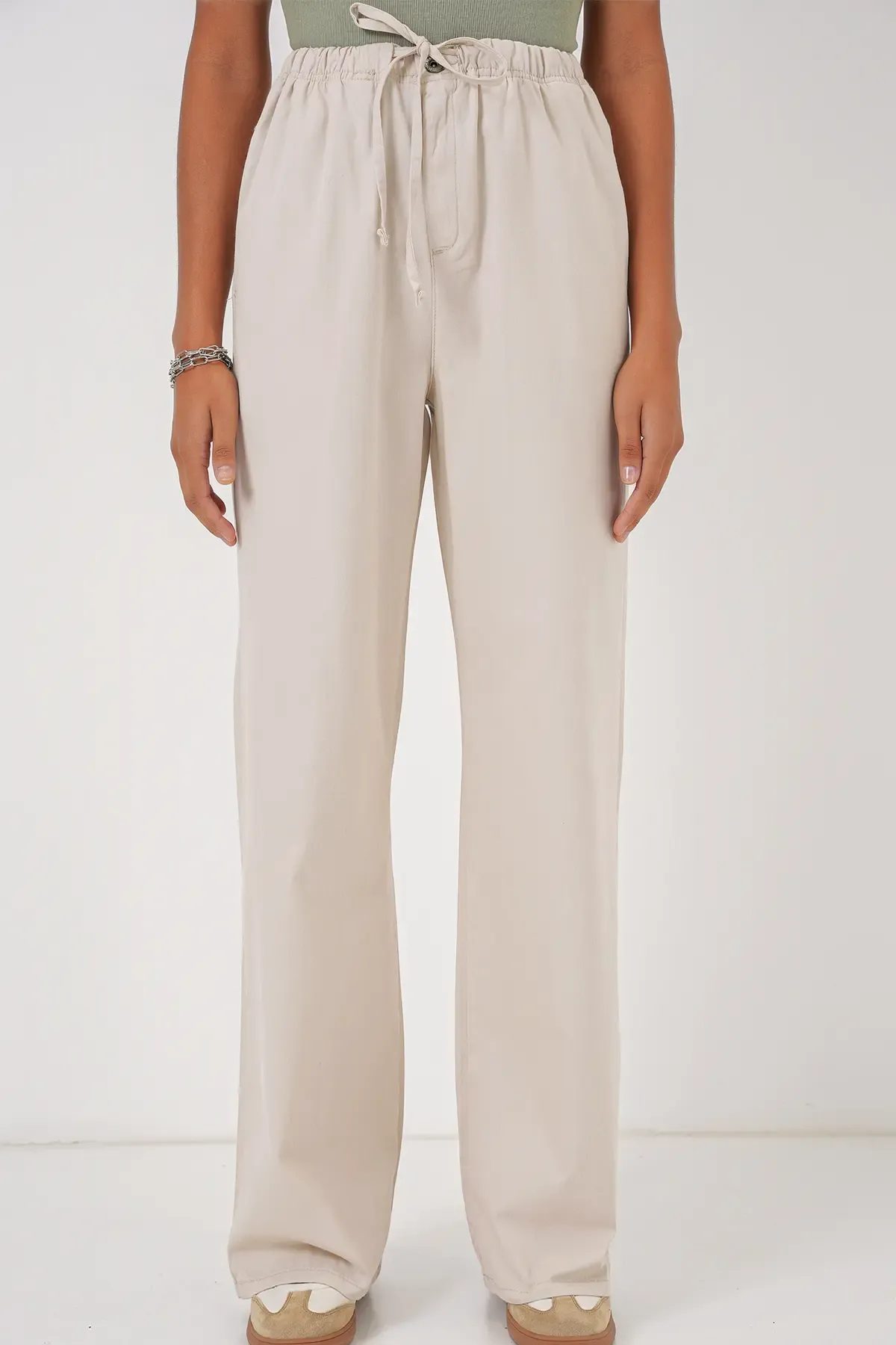 6690 Kadın Bol Paça Yüksek Bel Pantolon - Krem