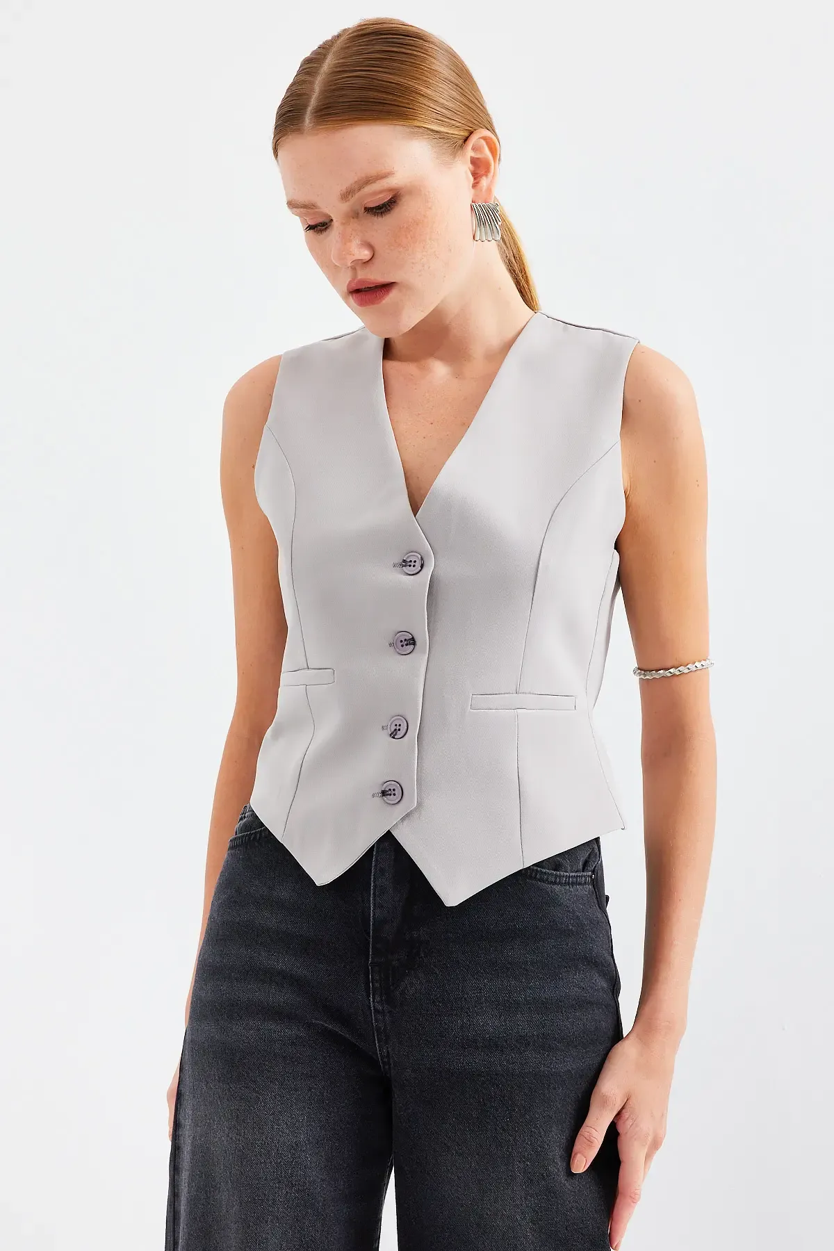 6796 Kısa Dokuma Yelek - Gri