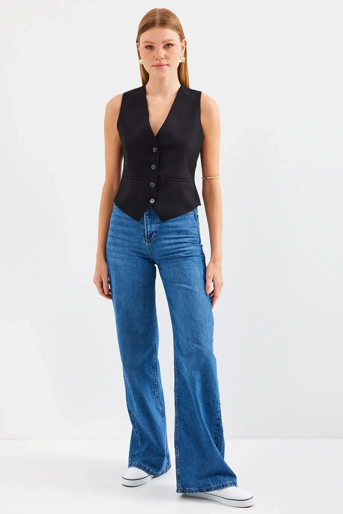 6796 Kısa Dokuma Yelek - Siyah