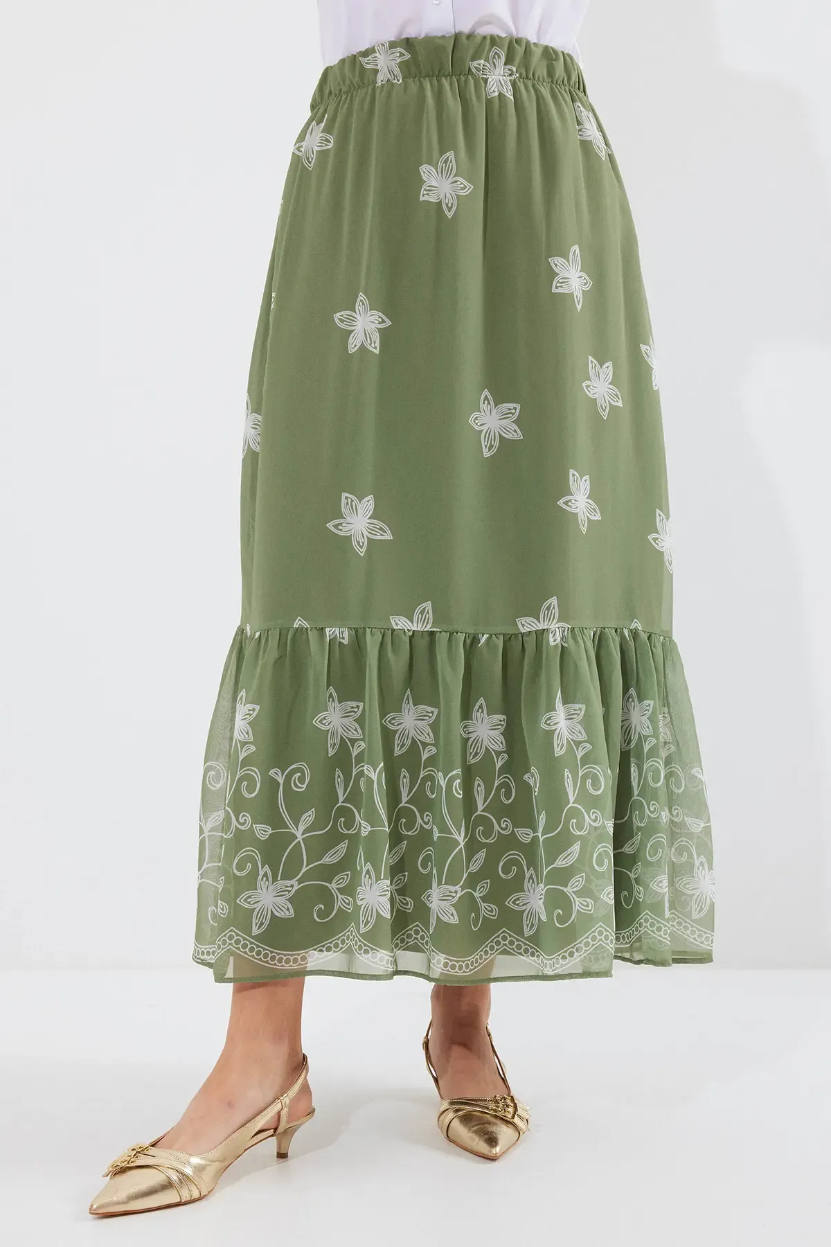 8010 Desenli Şifon Etek - Haki