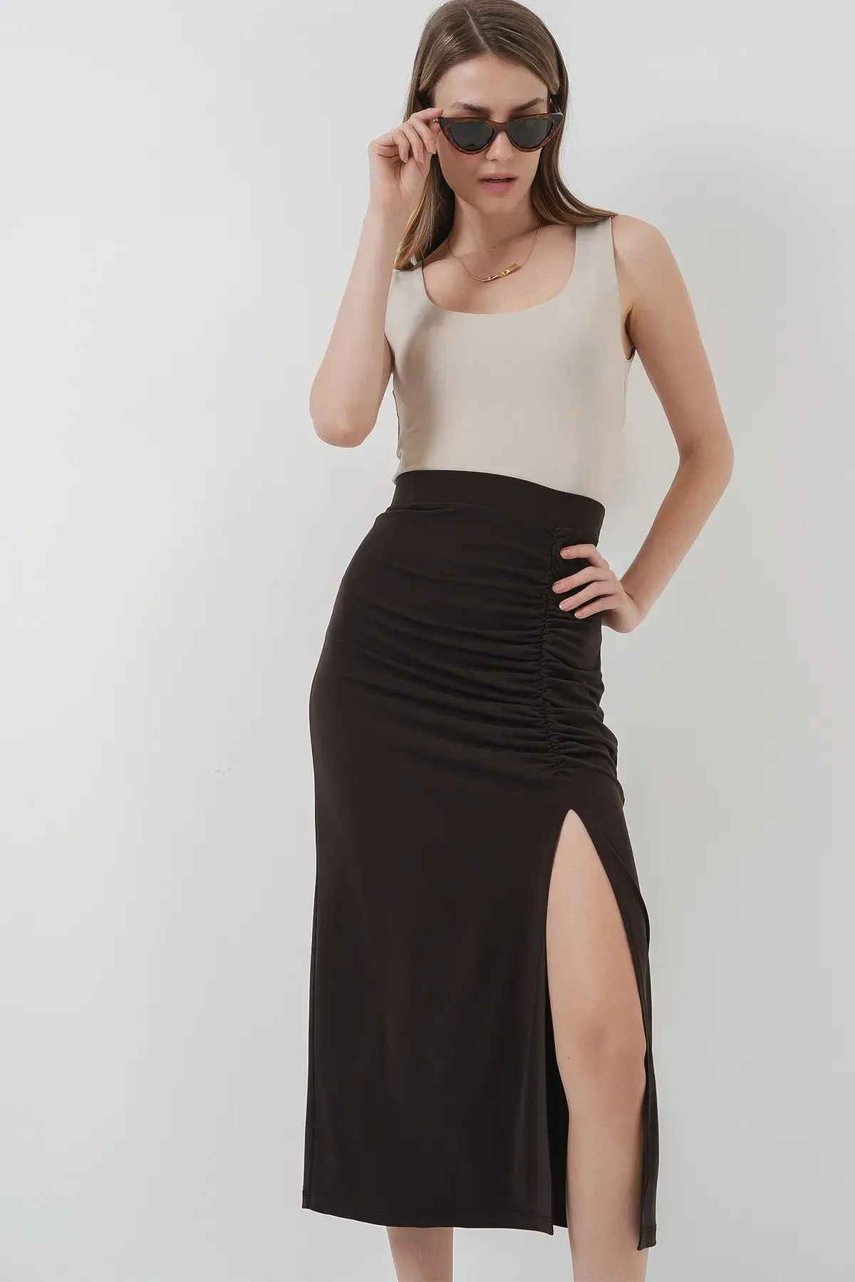 8033 Sandy Yırtmaçlı Etek - Kahverengi