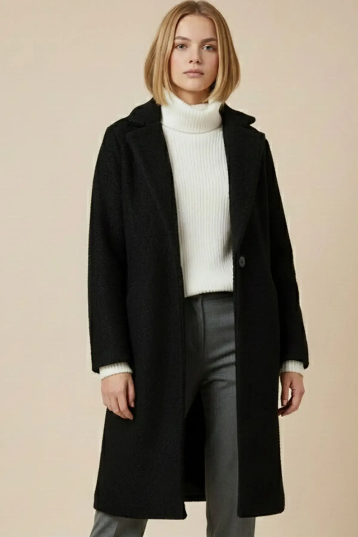 9085 Kadın Oversize Kaşe Kaban - D. Siyah