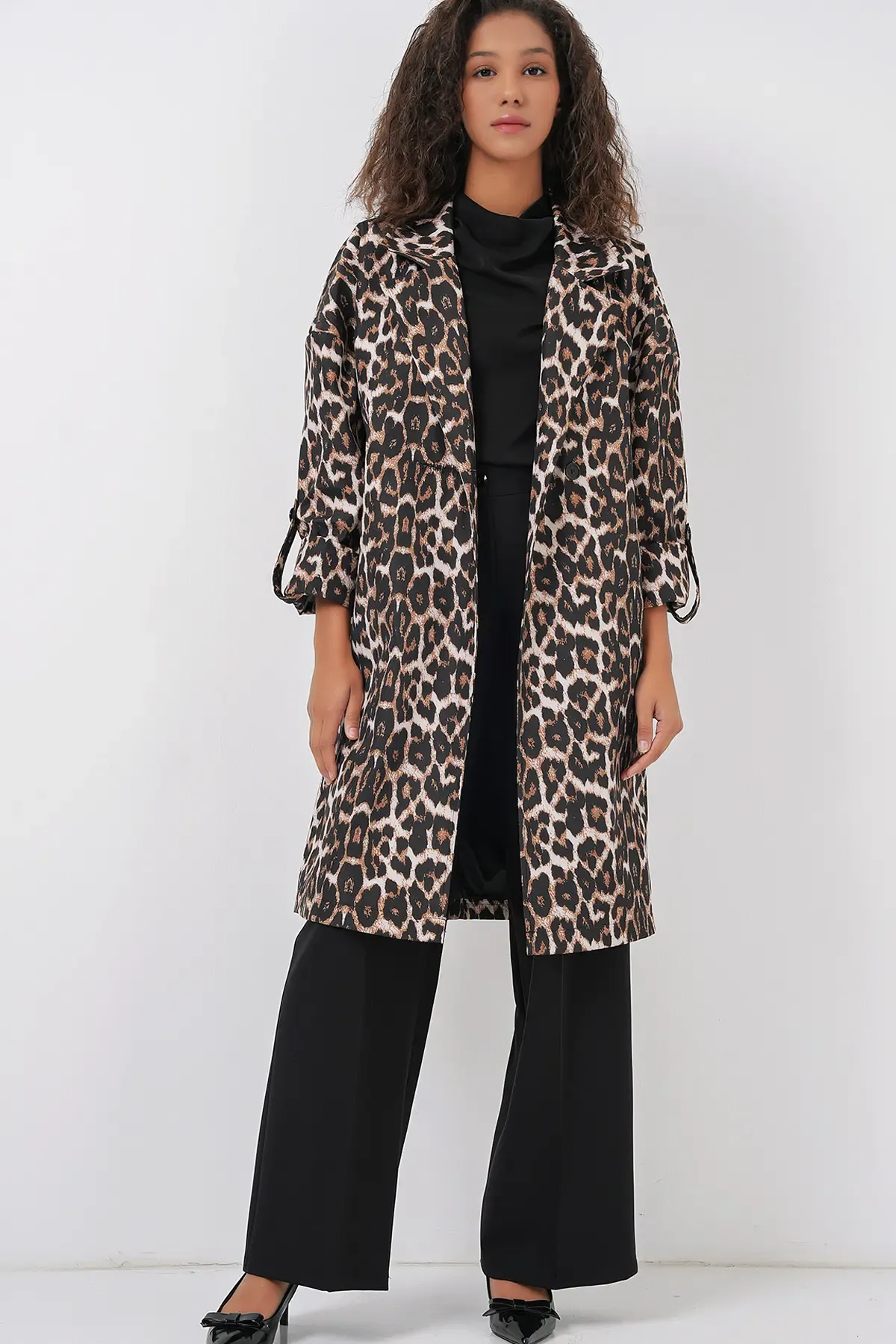 9104 Kruvaze Yaka Astarlı Trençkot - M. Kahverengi