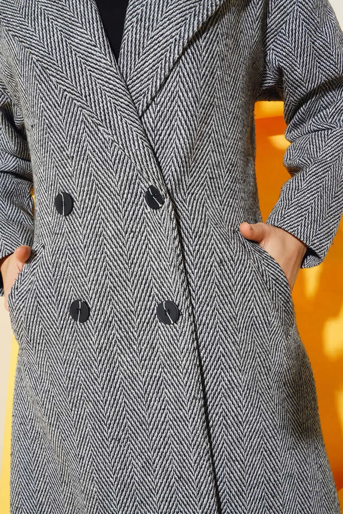 9113 Oversize Geniş Kesim Yünlü Uzun Kaşe Kaban - Siyah