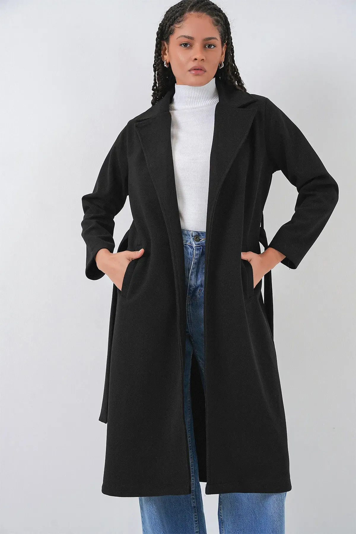 9118 Kruvaze Yaka Kaşe Kaban - Siyah