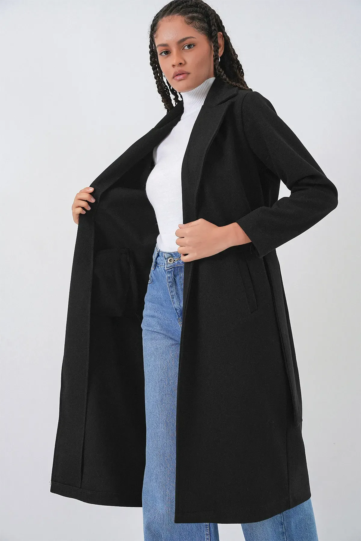 9118 Kruvaze Yaka Kaşe Kaban - Siyah