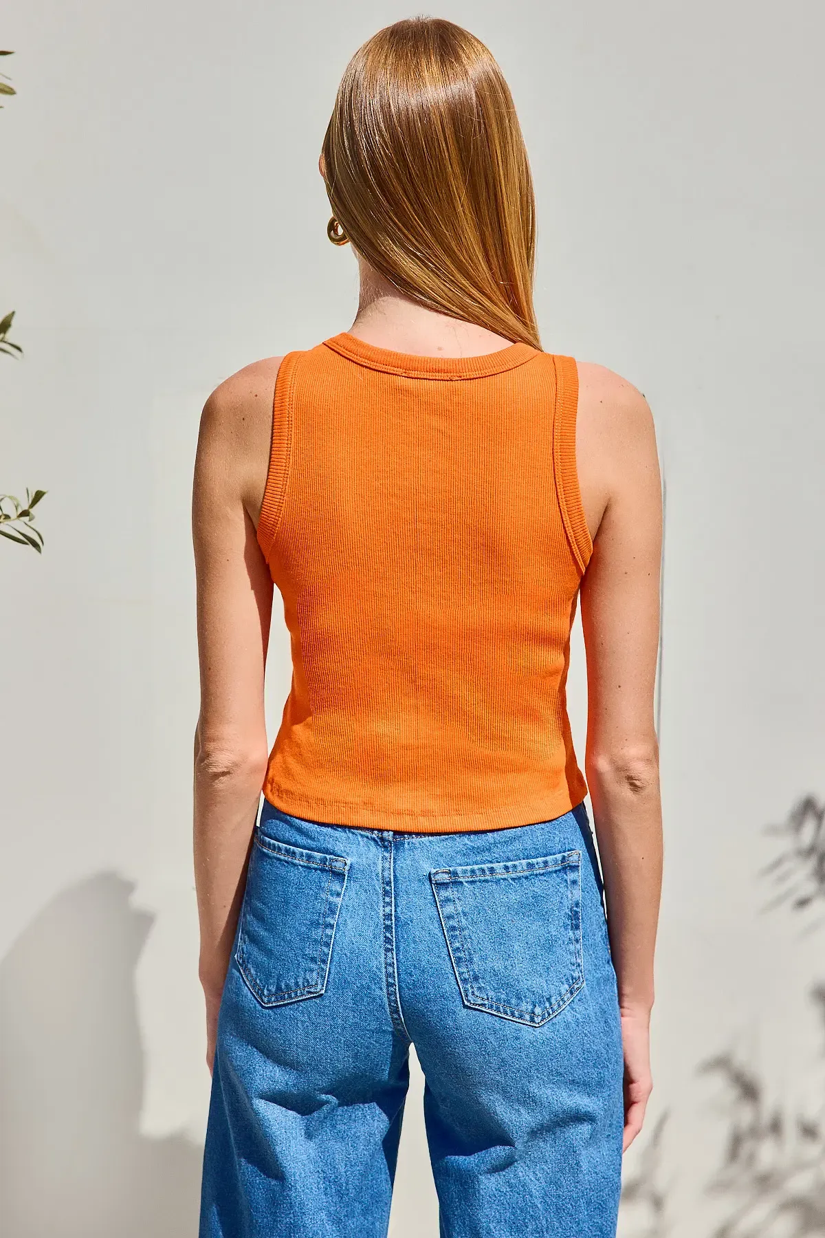 917 Bisiklet Yaka Fitilli Kolsuz Bluz - Turuncu