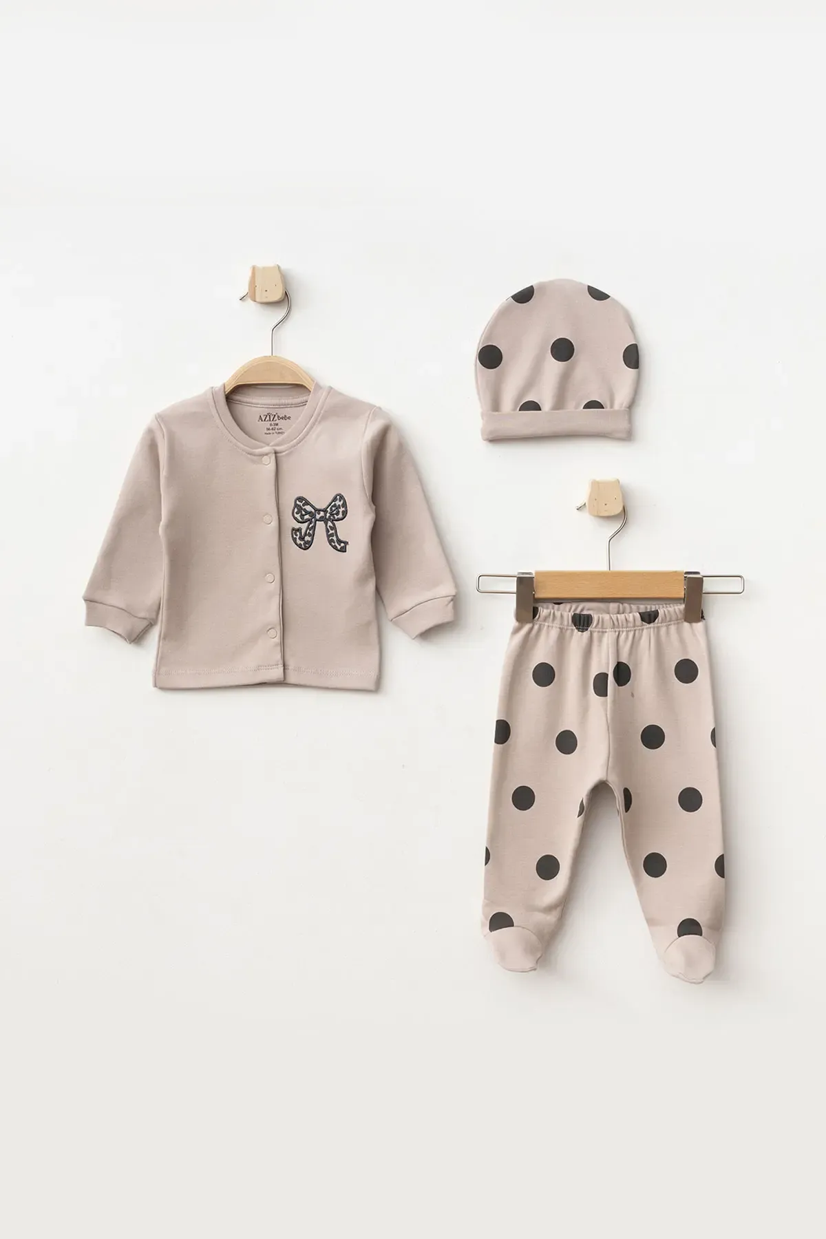 Aziz Bebe Kız Bebek % 100 Pamuk Zıbın Pantolon Bere 3 lü Alt Üst Bebek Takımı 0 Ay-6 Ay