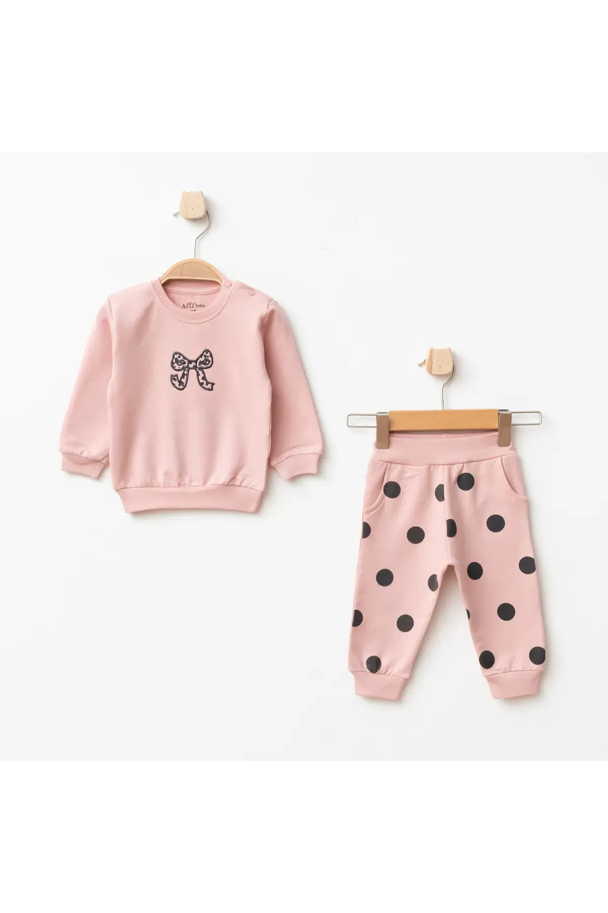 Aziz Bebe Kız Bebek Nakışlı Sweatshirt Pantolon 2 li Alt Üst Bebek Takımı 3 Ay-36 Ay