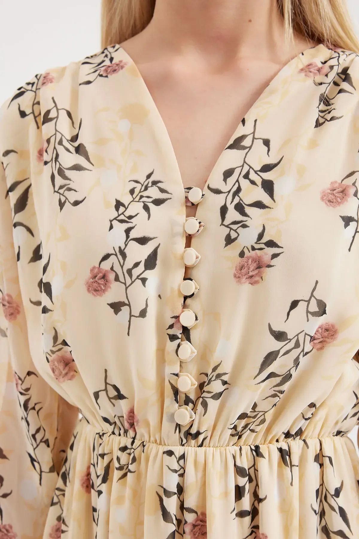 Bigdart 2137 Desenli Şifon Elbise - Krem