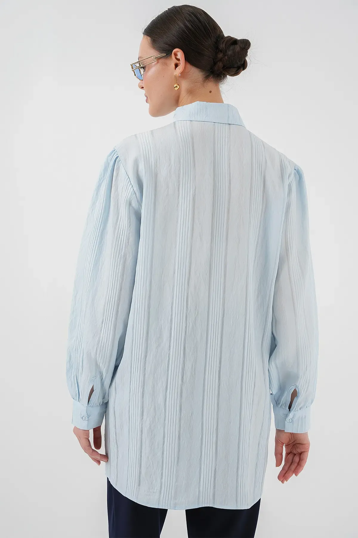 Çizgili Uzun Gömlek Tunik 5947 - Mavi