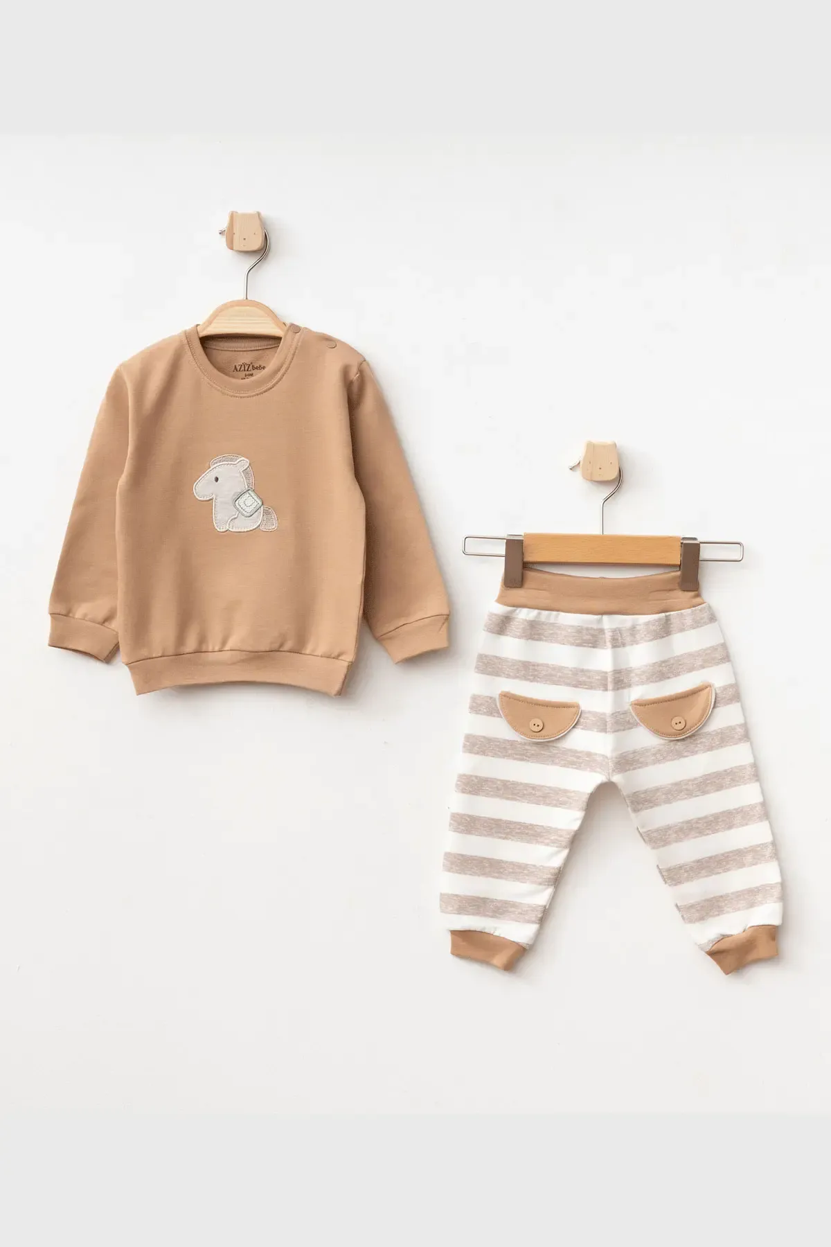 Erkek Bebek At Nakışlı Sweatshirt Pantolon 2  li Alt Üst Bebek Takımı 3 Ay - 36 Ay