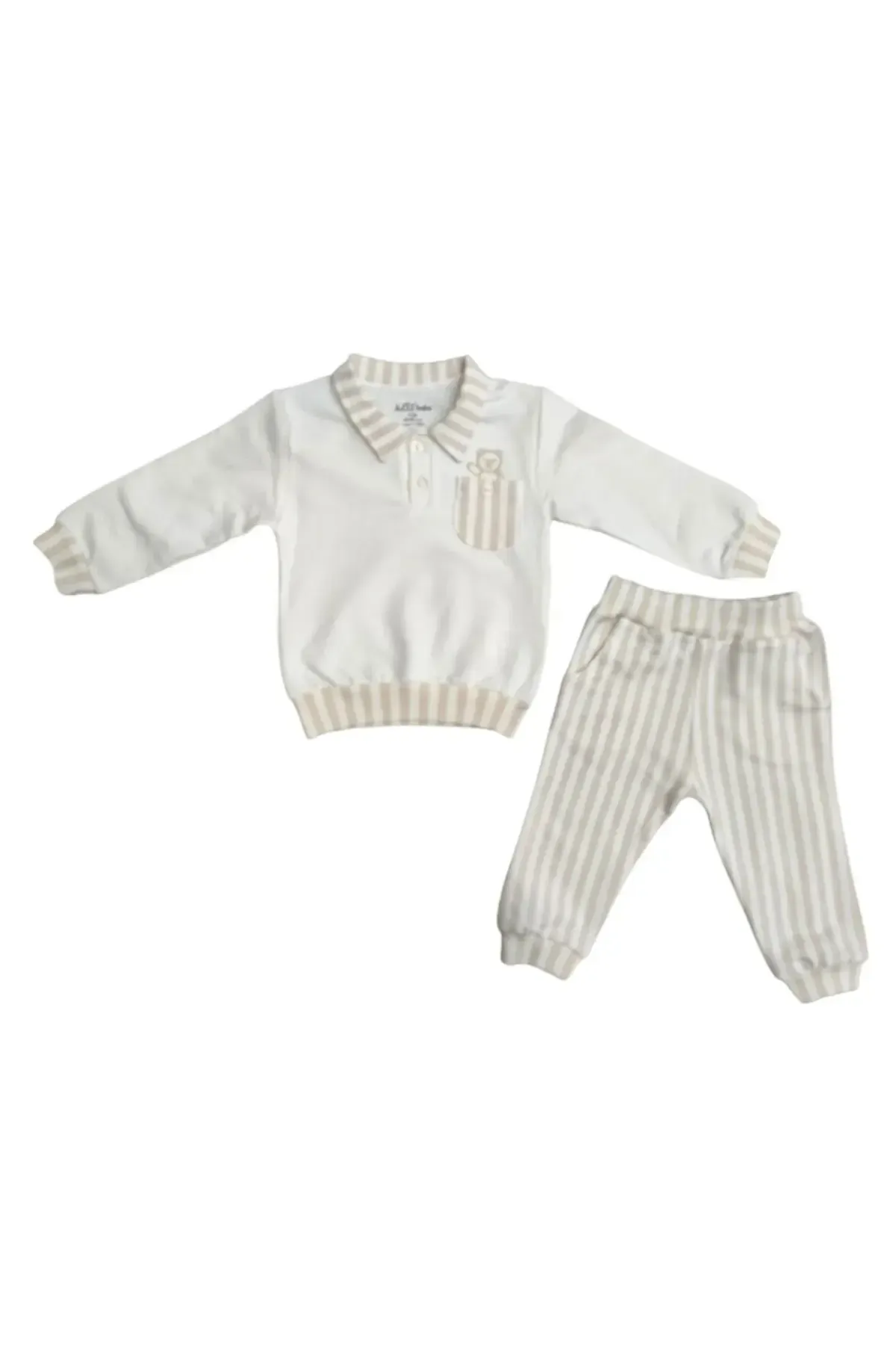 Erkek Bebek Ayı Nakışlı Gömlek Yaka Sweatshirt Pantolon 2  li Alt Üst Bebek Takımı 3 Ay - 36 Ay