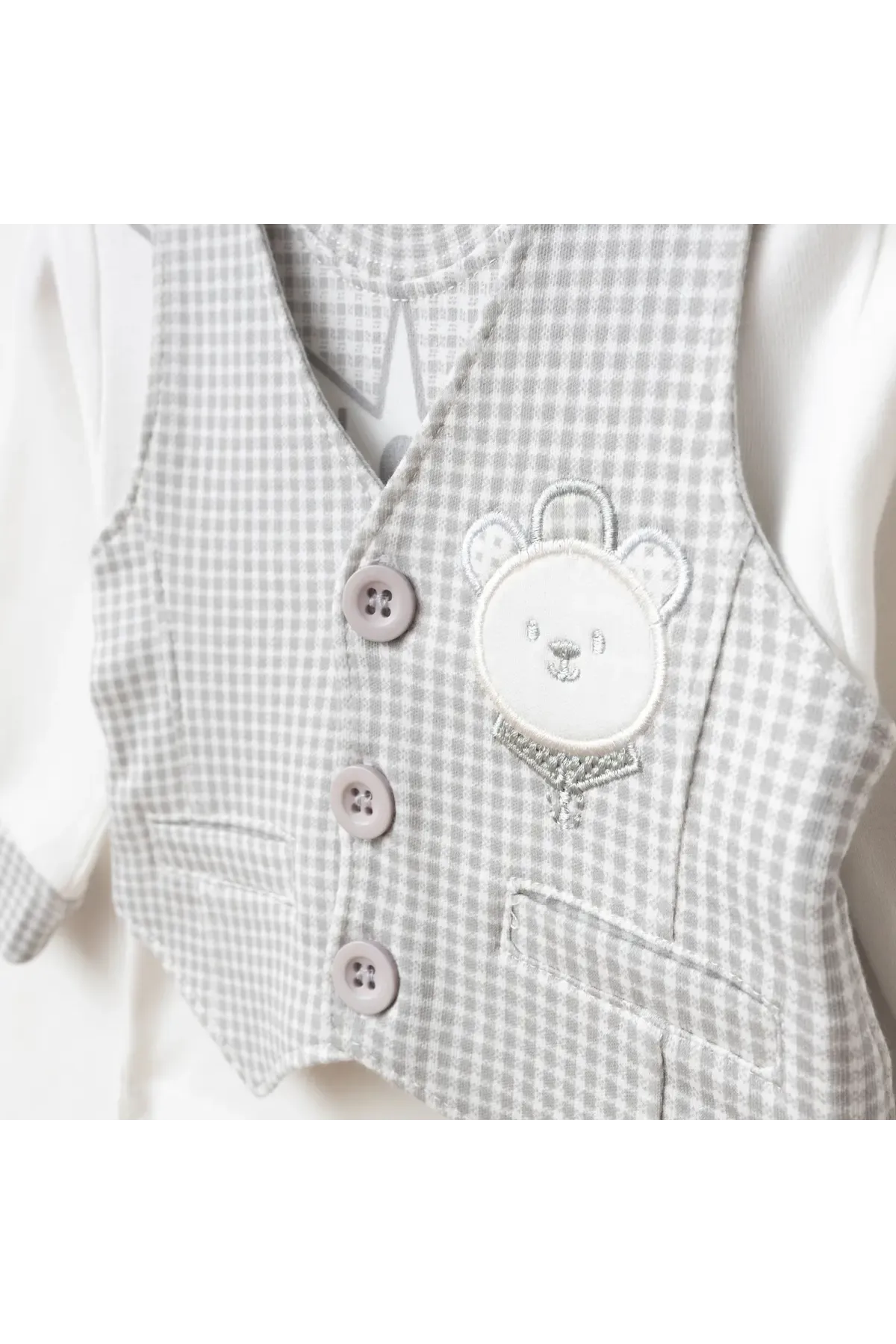 Erkek Bebek Ayı Nakışlı Sweatshirt Yelek Pantolon 3  lü Alt Üst Bebek Takımı 0 Ay - 6 Ay