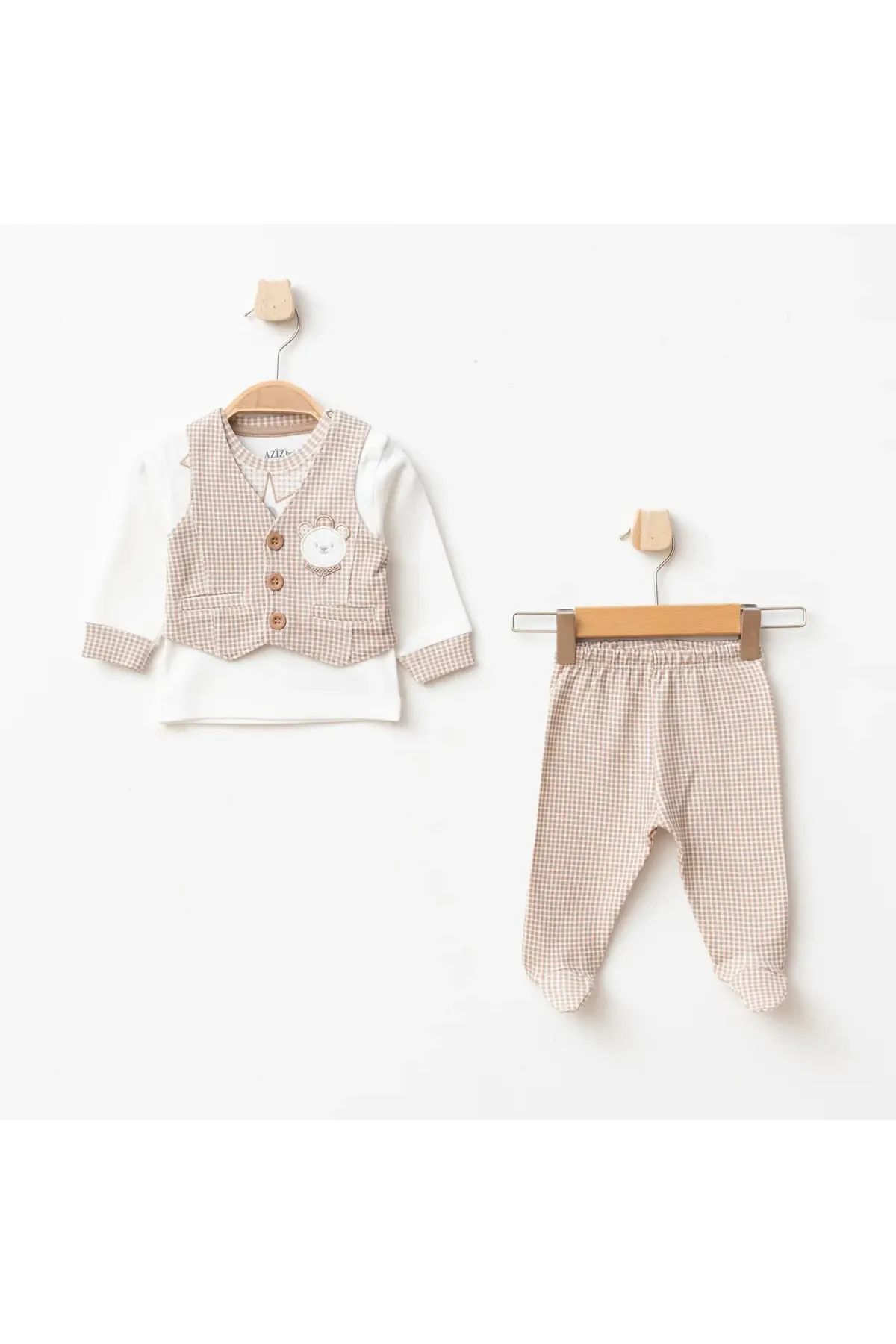 Erkek Bebek Ayı Nakışlı Sweatshirt Yelek Pantolon 3  lü Alt Üst Bebek Takımı 0 Ay - 6 Ay