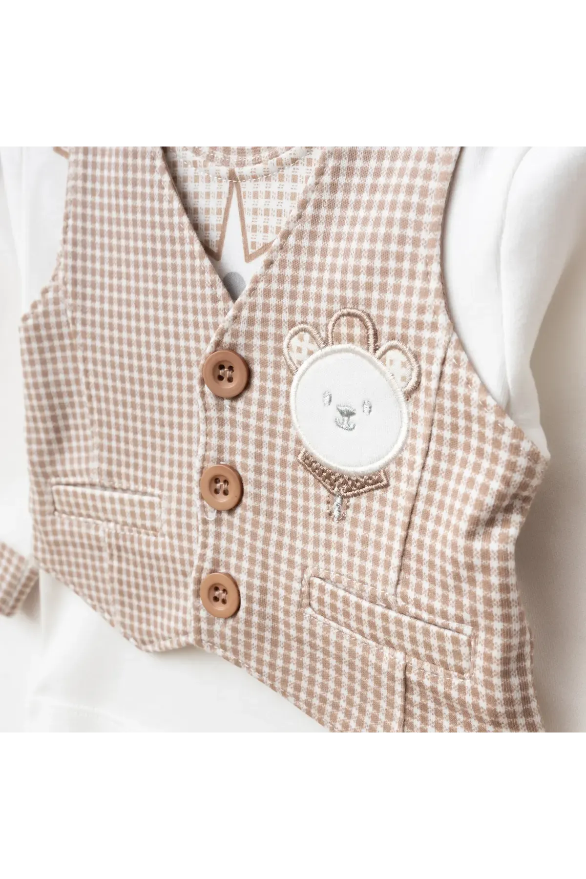 Erkek Bebek Ayı Nakışlı Sweatshirt Yelek Pantolon 3  lü Alt Üst Bebek Takımı 0 Ay - 6 Ay