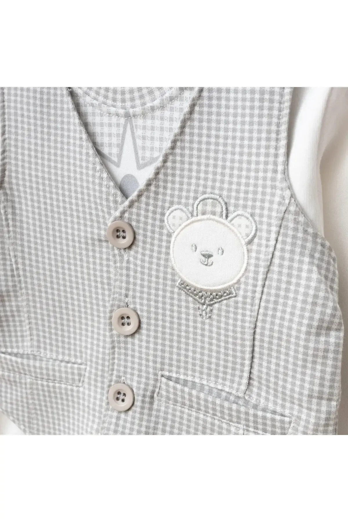 Erkek Bebek Ayı Nakışlı Sweatshirt Yelek Pantolon 3  lü Alt Üst Bebek Takımı 3 Ay - 36 Ay