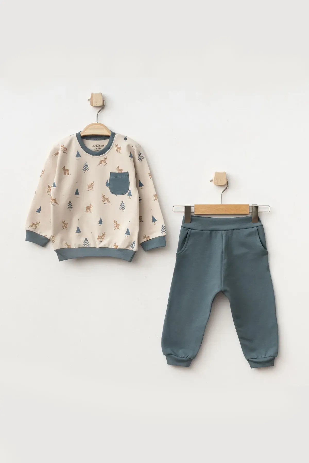 Erkek Bebek Geyik Desenli Sweatshirt Pantolon 2  li Alt Üst Bebek Takımı 3 Ay - 36 Ay