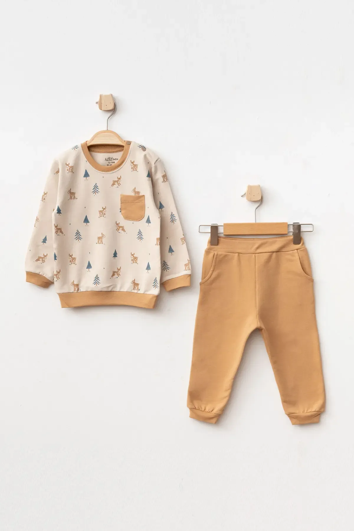Erkek Bebek Geyik Desenli Sweatshirt Pantolon 2  li Alt Üst Bebek Takımı 3 Ay - 36 Ay