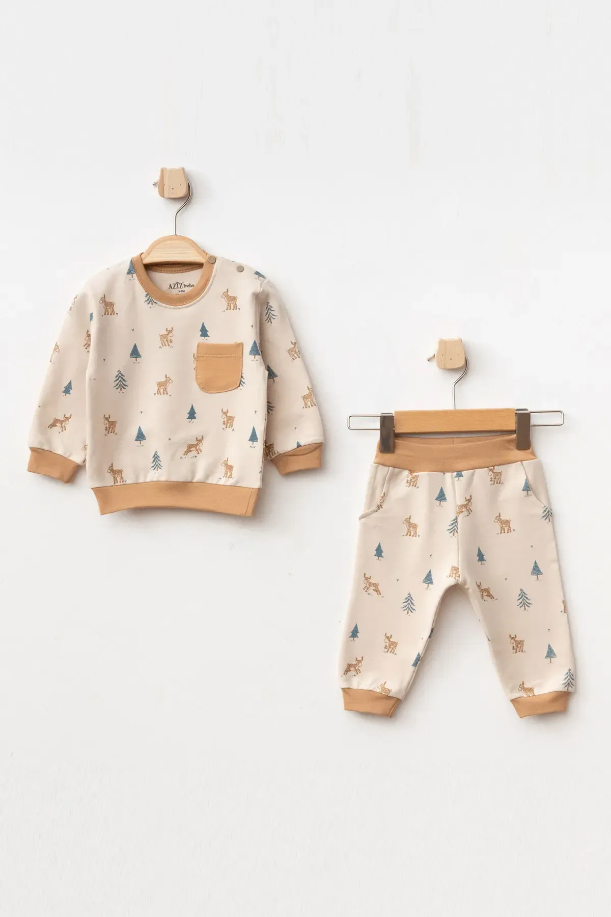Erkek Bebek Geyik Desenli Sweatshirt Pantolon 2  li Alt Üst Bebek Takımı 3 Ay - 36 Ay
