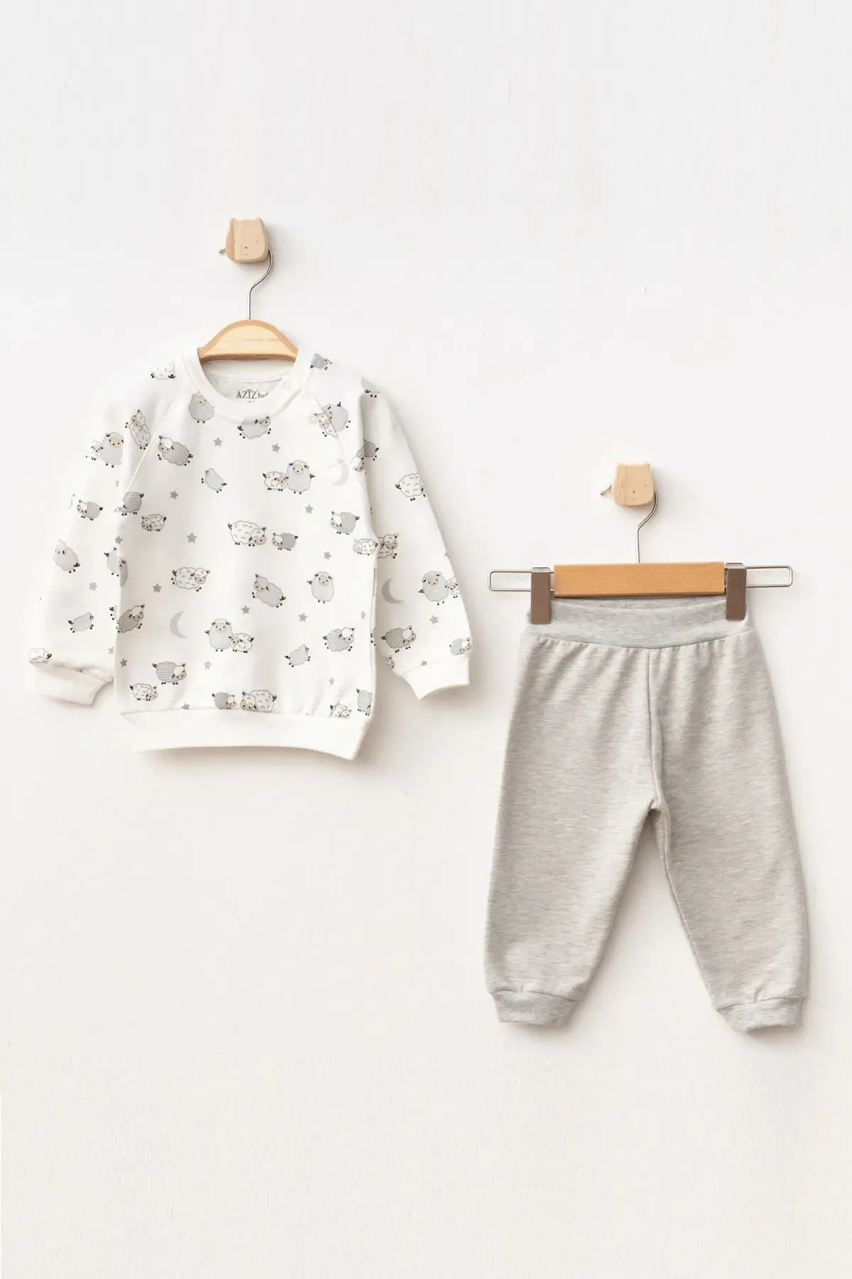 Erkek Bebek Kuzu Desenli Sweatshirt Pantolon 2  li Alt Üst Bebek Takımı 3 Ay - 18 Ay