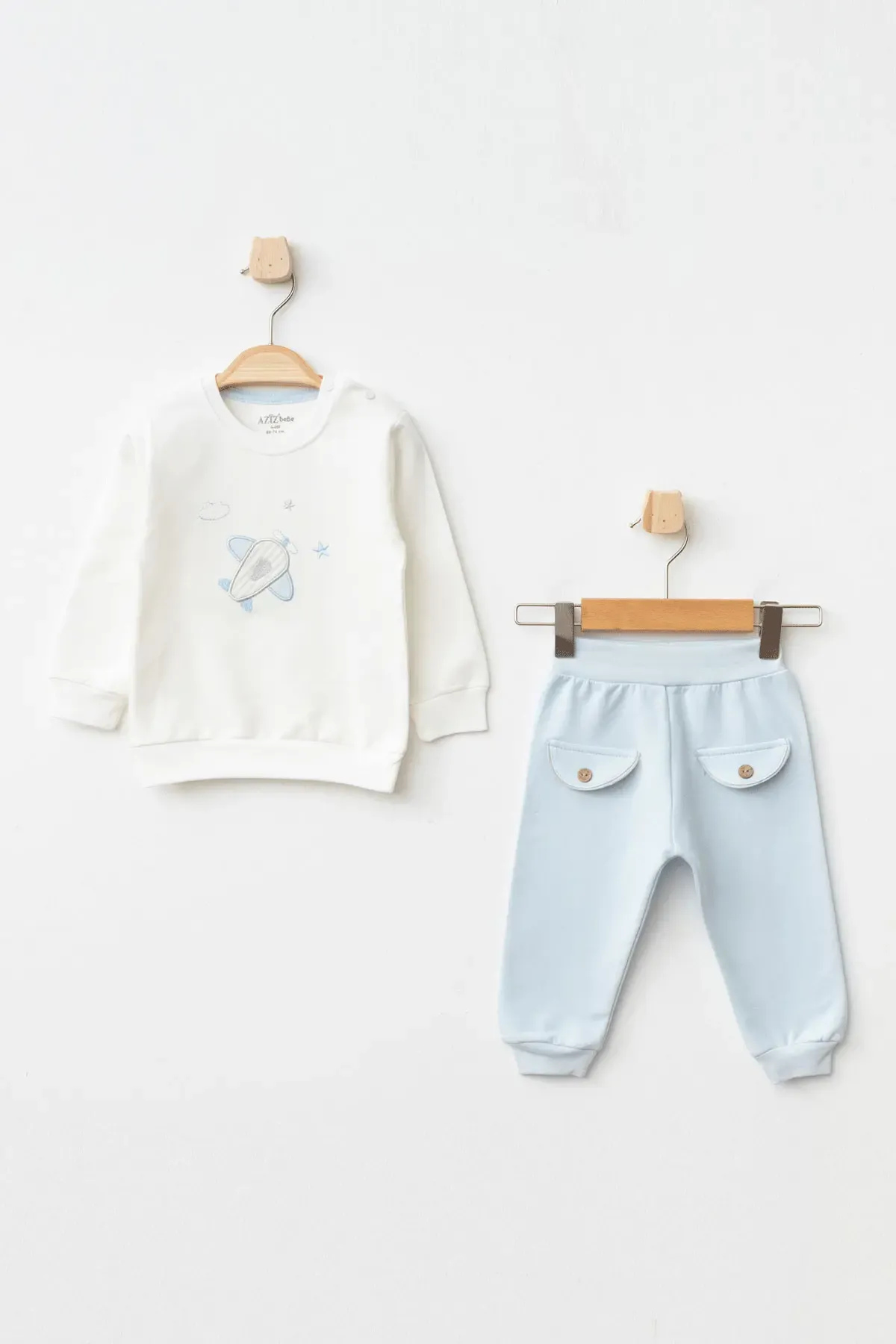 Erkek Bebek Uçak Nakışlı Sweatshirt Pantolon 2  li Alt Üst Bebek Takımı 3 Ay - 36 Ay