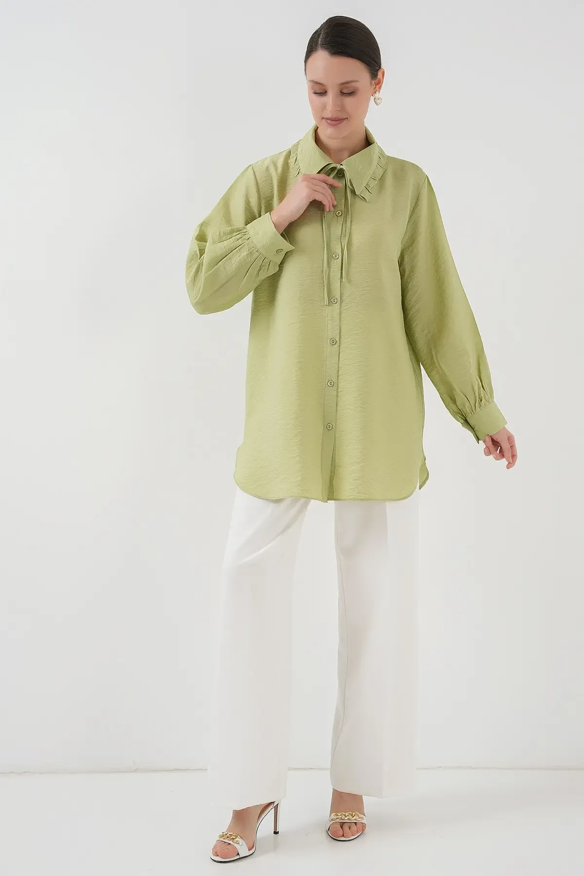 Fırfırlı Uzun Gömlek Tunik 5952 - Çağla