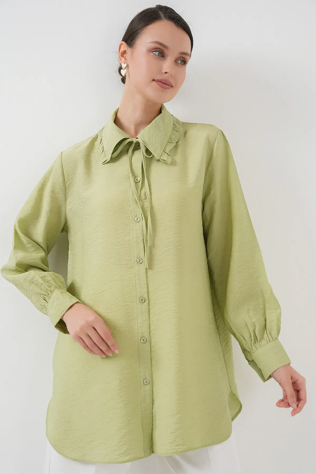 Fırfırlı Uzun Gömlek Tunik 5952 - Çağla