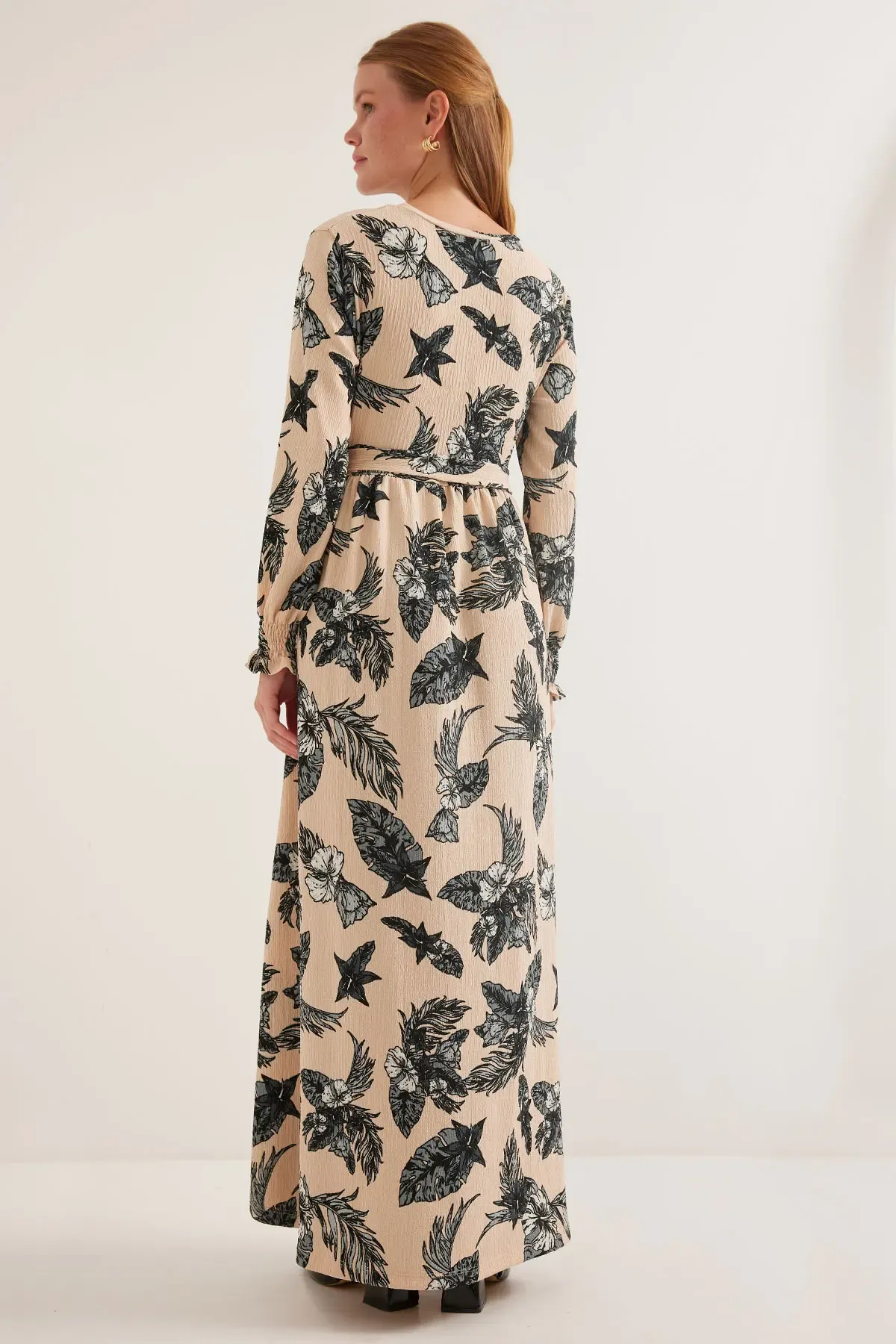 Kadın Antrasit Krem Desenli Örme Tesettür Elbise 1525