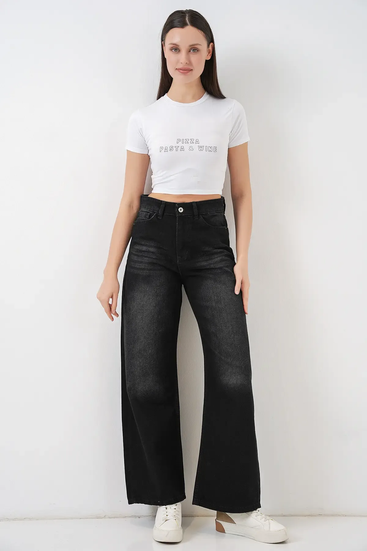 Kadın Bol Paça Yüksek Bel Palazzo Kot Pantolon 6656 - Siyah