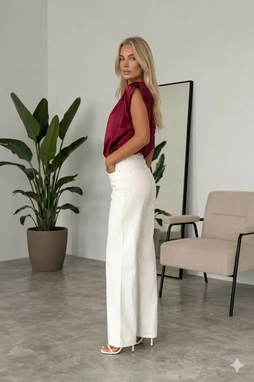 Kadın Bordo Tek Omuz Asimetrik Kesim Saten Bluz HZL26W-FRY121171