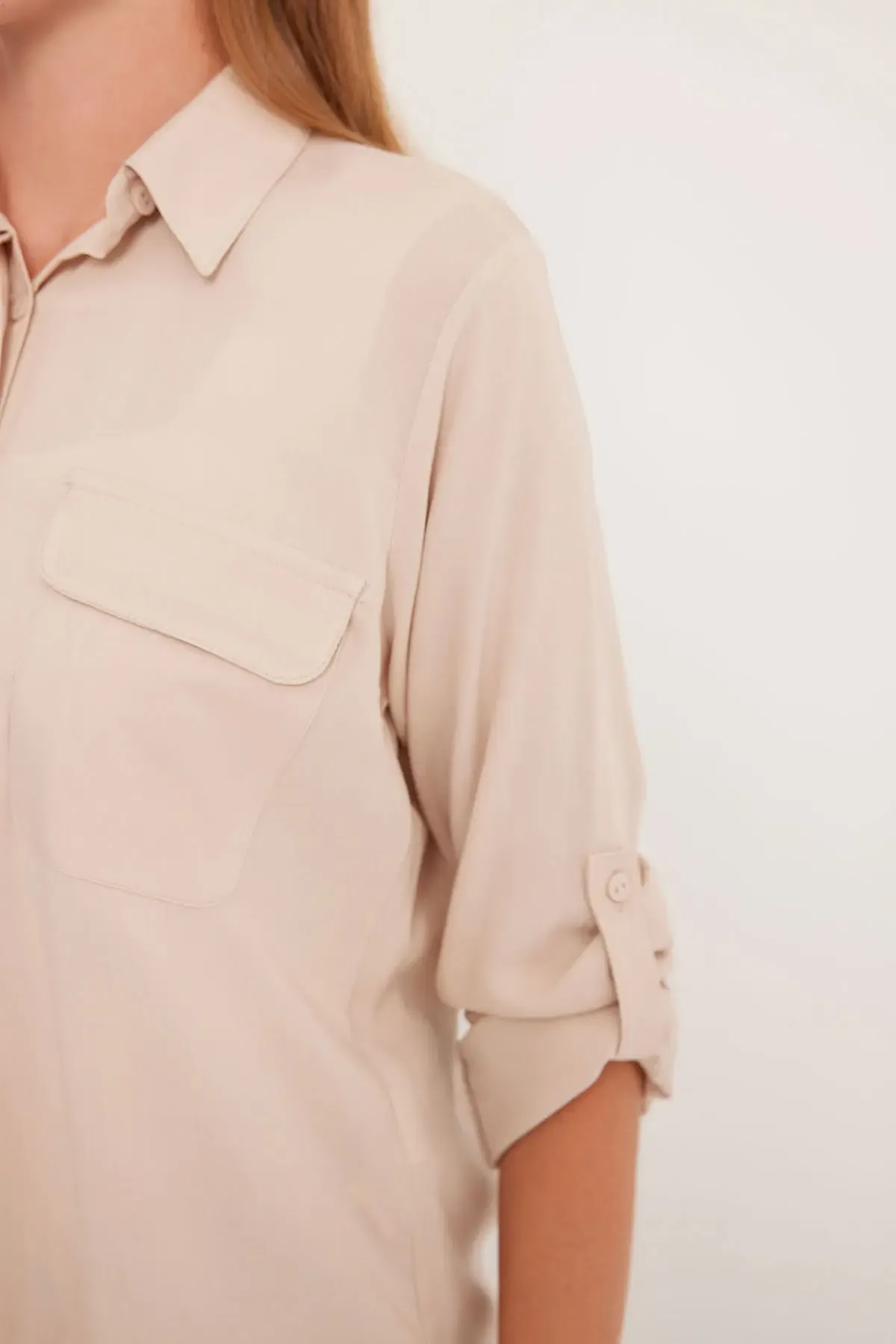 Kadın Cep Detaylı Gömlek 20234 - Krem