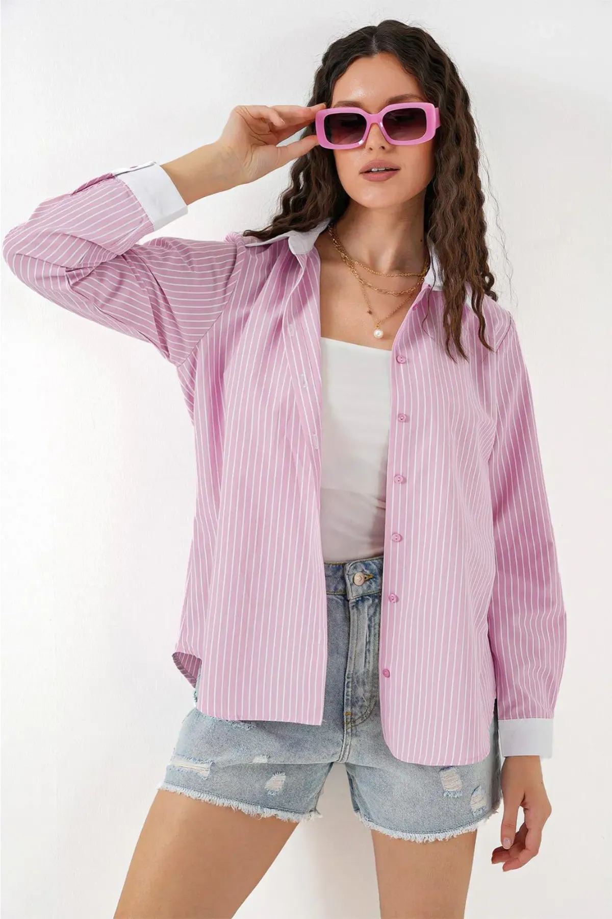 Kadın Çizgili Gömlek 20288 - Pembe