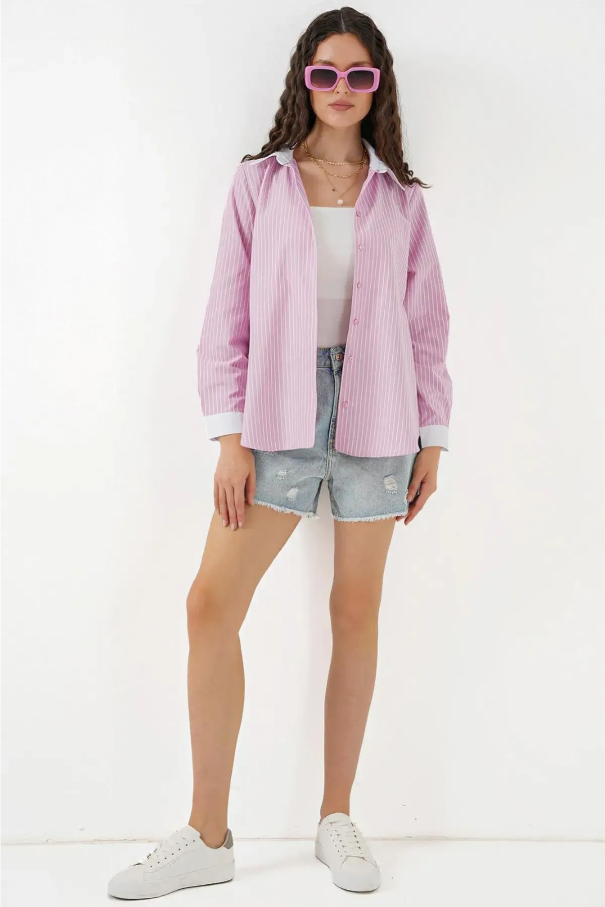 Kadın Çizgili Gömlek 20288 - Pembe