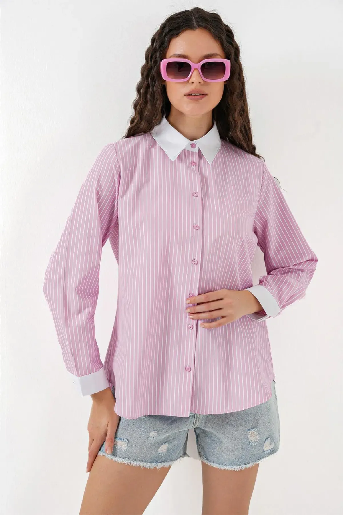 Kadın Çizgili Gömlek 20288 - Pembe