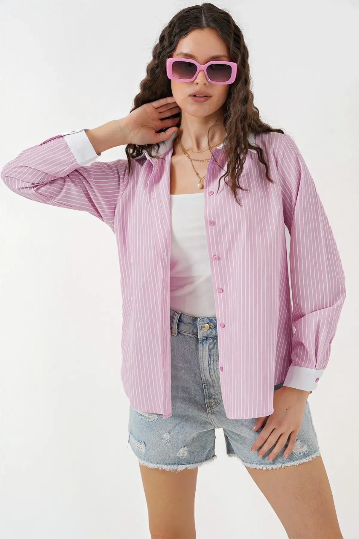 Kadın Çizgili Gömlek 20288 - Pembe