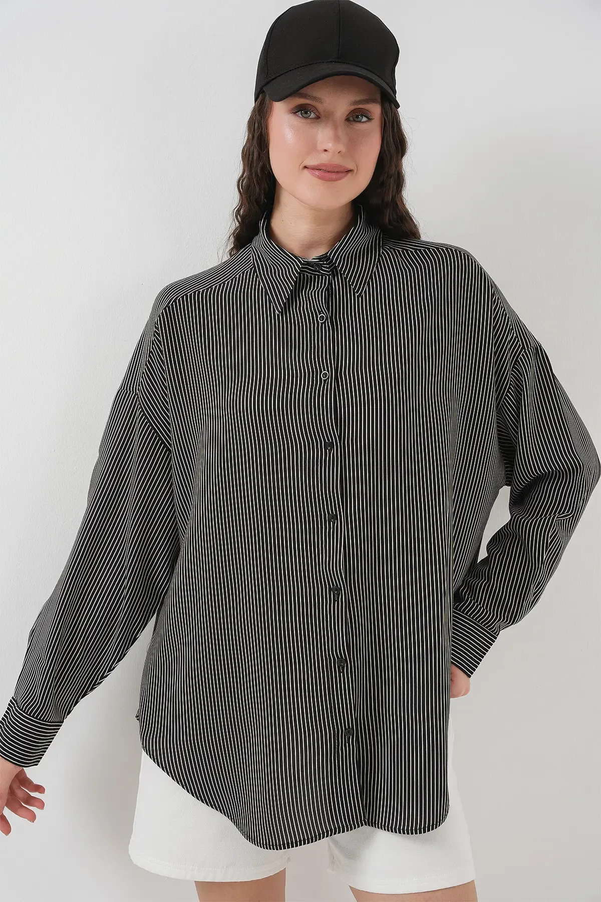 Kadın Çizgili Oversize Gömlek 20295 - Siyah