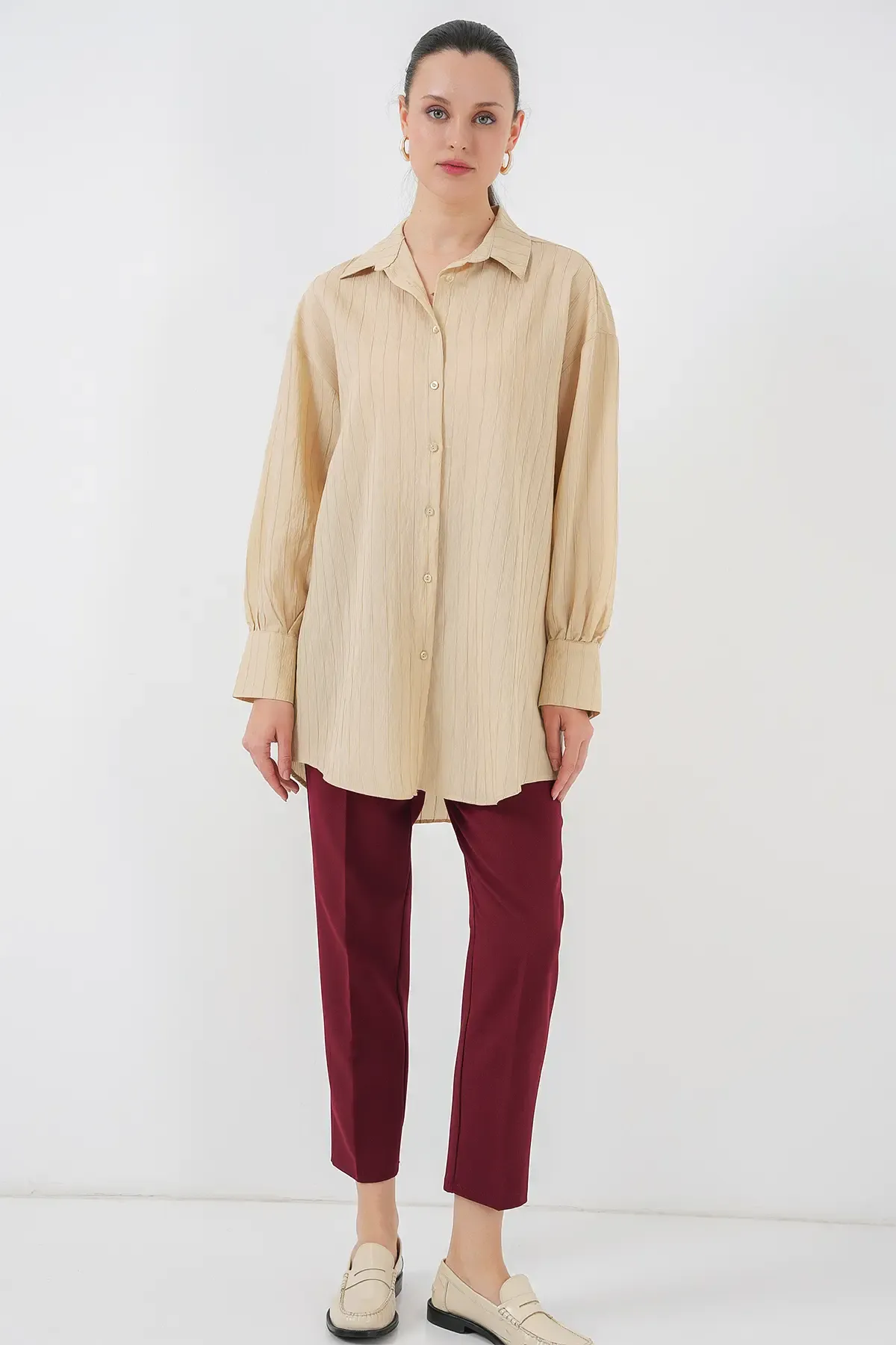 Kadın Çizgili Uzun Gömlek Tunik 5963 - Bej