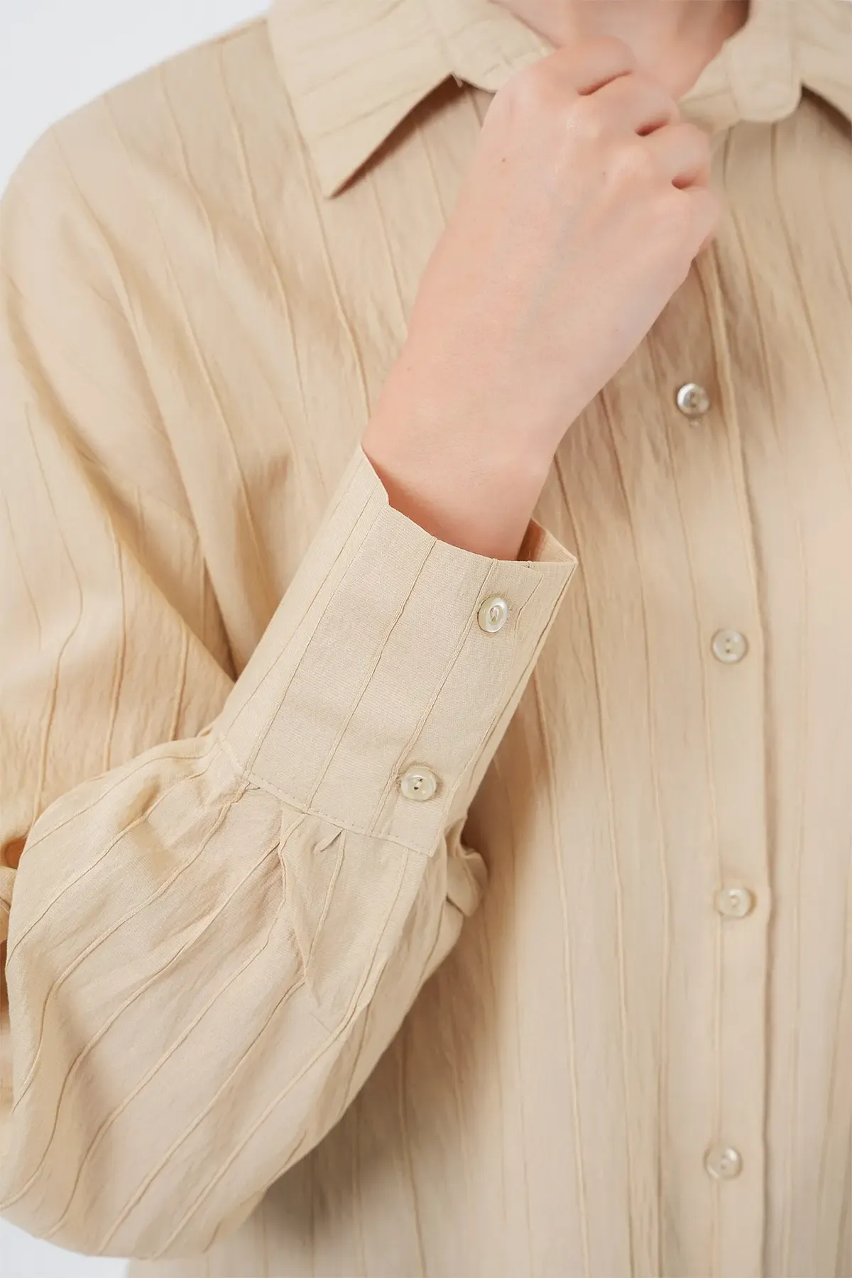 Kadın Çizgili Uzun Gömlek Tunik 5963 - Bej