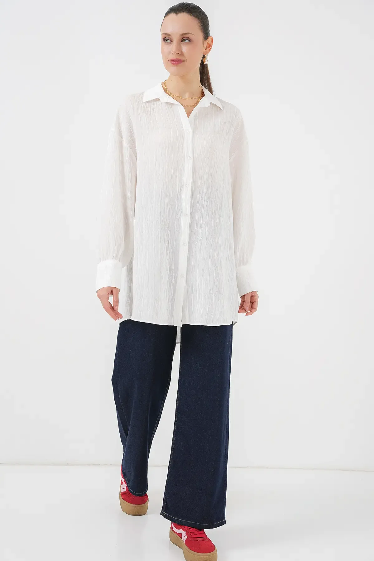 Kadın Çizgili Uzun Gömlek Tunik 5963 - Beyaz
