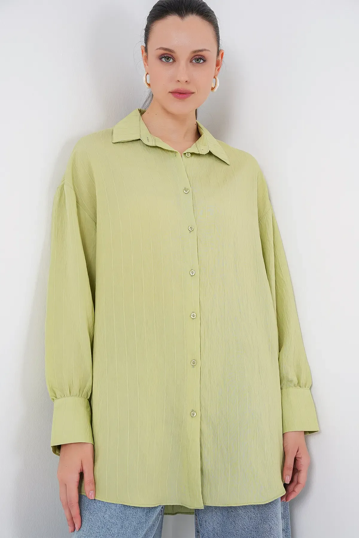 Kadın Çizgili Uzun Gömlek Tunik 5963 - E.Yeşil