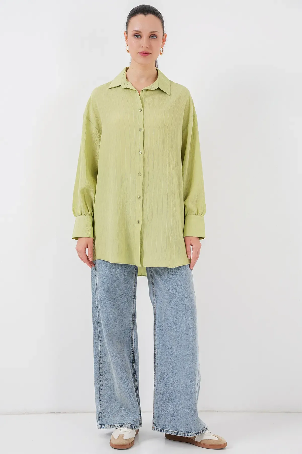 Kadın Çizgili Uzun Gömlek Tunik 5963 - E.Yeşil